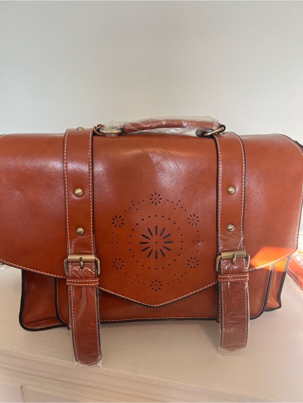 Women’s  Brown Satchel Bag with Decorative Perforation